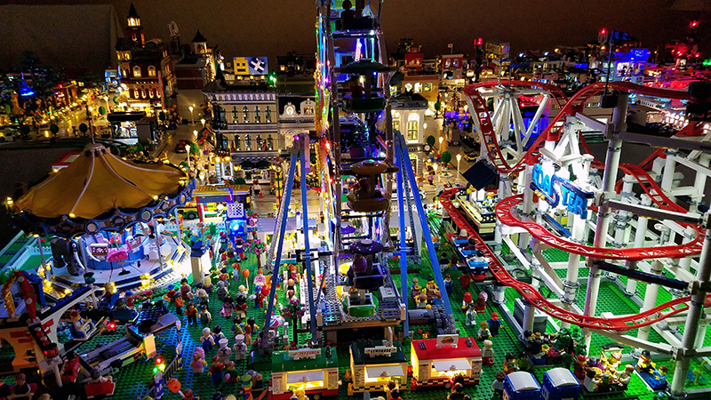 LEGO Amusement Park with Lights on at Night
